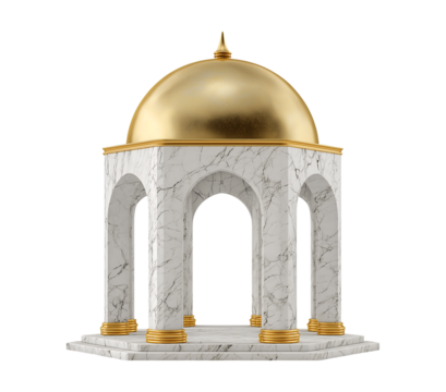 A white marble gazebo with a gold-domed roof isolated on a transparent background