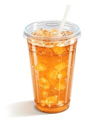 A refreshing iced tea in a clear plastic cup with a lid and straw on a white background illustration