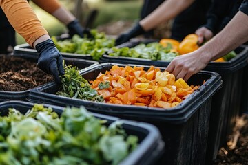 People practicing sustainability by disposing of bio-trash and food waste in compost bins, contributing to global environmental conservation efforts., Generative AI