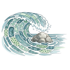 Wave Over Stone: A mesmerizing, artistic illustration captures the raw power and beauty of nature, featuring a translucent, mosaic-like wave crashing over a steadfast stone in the serene water.