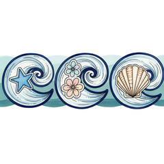 Oceanic Serenity: A captivating visual narrative of the sea, depicting rolling waves adorned with exquisite marine elements like a starfish, delicate flowers, and a beautiful seashell.