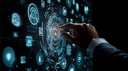 A hand interacts with a complex, dynamic interface of data visualizations