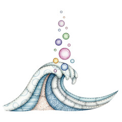 Whimsical Wave of Bubbles: A playful illustration of a stylized wave, crafted from patchwork textures, is erupting with a cascade of colorful bubbles, creating a sense of whimsy and gentle movement.