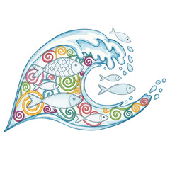 Ocean Wave and Fish Illustration: A captivating illustration of an ocean wave, adorned with colorful swirls and gracefully swimming fish.
