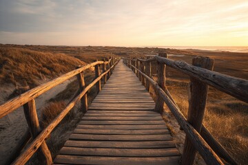 Wooden walkway leading to sunset over dunes