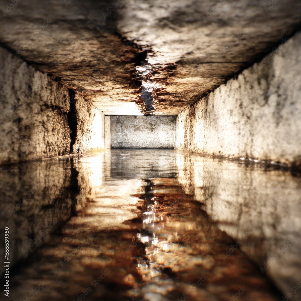 Poster beneath the surface: reflections in a flooded underground passage with stone walls and a glimmer of 