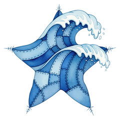 Starfish Wave: A whimsical illustration of a star-shaped creature cresting a wave, rendered in captivating blue hues, evokes a sense of calm and artistic charm.