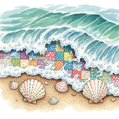 Seashells on the Beach: Delightful illustration of seashells scattered on a sandy shore, with the waves rolling in. Evoking the beauty of the ocean, and its treasures. 