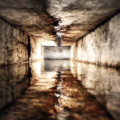 Obraz premium Beneath the Surface: Reflections in a Flooded Underground Passage with Stone Walls and a Glimmer of Light at the End.