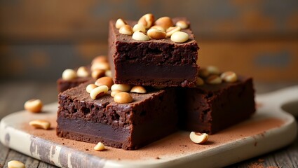 A stack of delicious square cut brownies topped with nuts, showcasing a rich, dense, fudgy texture