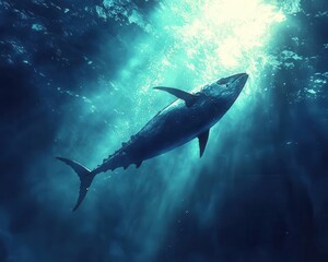 Bluefin tuna swimming in deep ocean waters, underwater perspective, rich blue hues, and glowing light