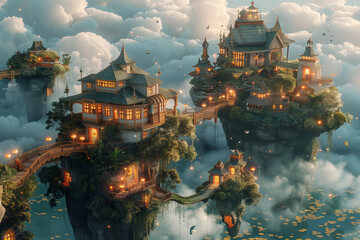 Whimsical floating homes and light bridges drift among surreal clouds in a magical, skybound dreamscape.