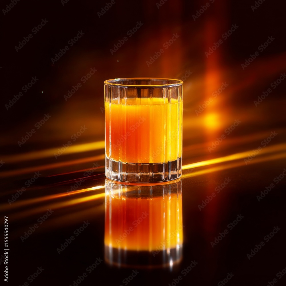 Poster Golden Hour Cocktail: A Vibrant Drink Reflecting on a Dark, Illuminated Surface with Dynamic Light Streaks.