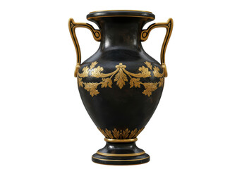 Isolated Ornate Black and Gold Antique Vase with Elaborate Handles