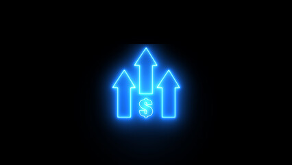 Glowing line up arrow with dollar sign icon. neon upwards, pulsating. growth business, economy, finance and success concept.