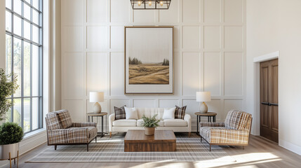 American countryside style farm house interior design, modern living room