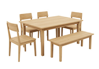 Isolated Light Wood Dining Set with Table, Chairs, and Bench