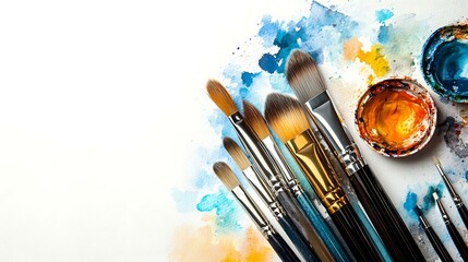 Fototapeta premium Flat lay paintbrush scene, Art brushes and watercolor painting with art brushes on paper, showing detail of art brushes used in colorful art brushes composition