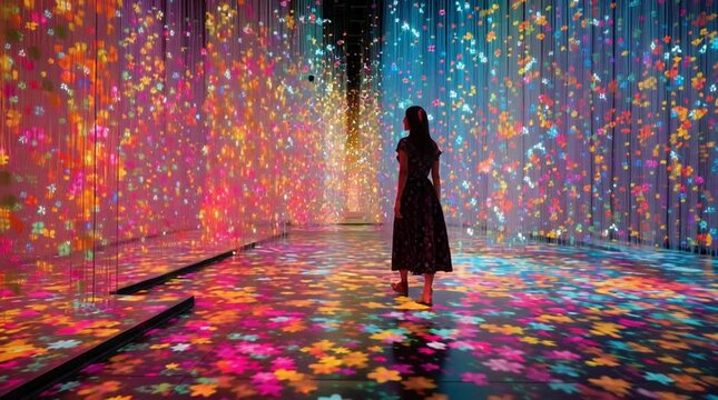 young woman dancing in a colorful space 