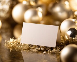 Blank Christmas place card surrounded by gold ornaments