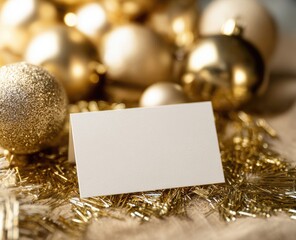 Blank card surrounded by gold Christmas ornaments