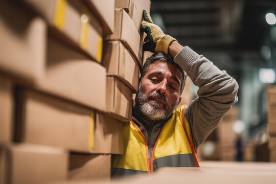 a worker lifts a stack of cardboard boxes manually - Powered by Adobe