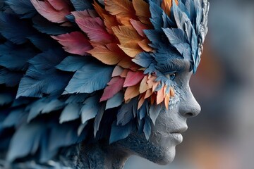 Fototapeta premium Profile of a stylized female face adorned with textured feathers in shades of blue orange and pink
