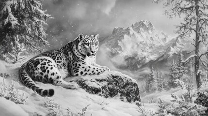 Majestic snow leopard resting on a snowy rock, overlooking a majestic mountain range in a winter wonderland.