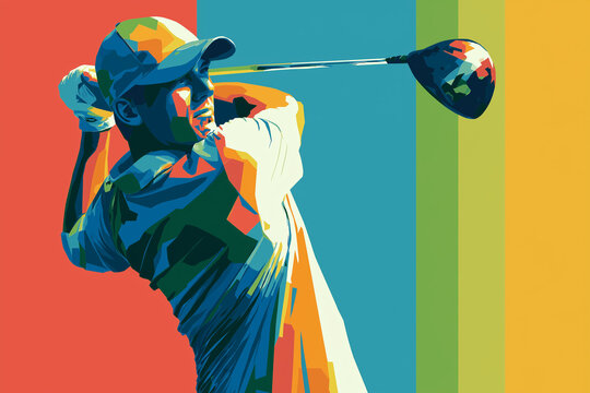A vector-style illustration of a golfer mid-swing, using flat colors, simple shapes, and bold contrast on a vibrant background to capture dynamic movement in a clean, modern form.