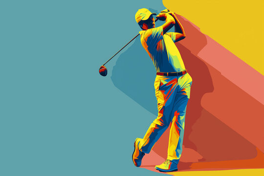 A vector-style illustration of a golfer mid-swing, using flat colors, simple shapes, and bold contrast on a vibrant background to capture dynamic movement in a clean, modern form.