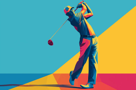 A vector-style illustration of a golfer mid-swing, using flat colors, simple shapes, and bold contrast on a vibrant background to capture dynamic movement in a clean, modern form.