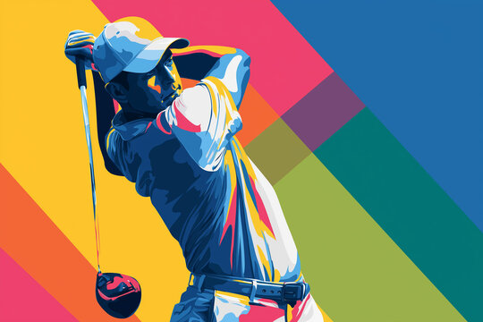 A vector-style illustration of a golfer mid-swing, using flat colors, simple shapes, and bold contrast on a vibrant background to capture dynamic movement in a clean, modern form.