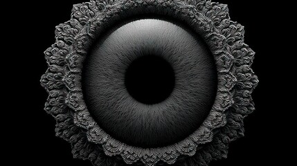 Intricate Ornate Frame Encircling a Detailed Eye Iris Monochromatic Gray Scale Image