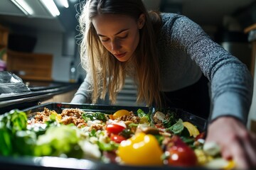 Global food pollution concept: Woman discarding leftover breakfast into the trash to reduce food waste and address environmental concerns., Generative AI