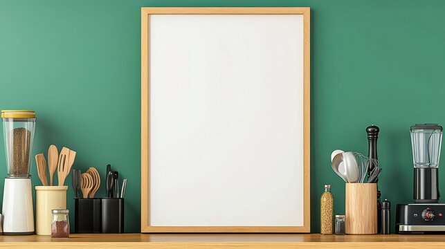Blank framed poster on teal wall amongst kitchen utensils.