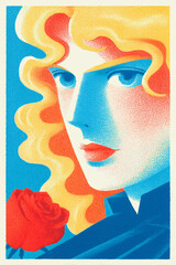 Bold retro-style portrait of a woman with curly hair and rose, vibrant pop art colors — generative AI