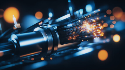 Illuminating Data Stream:  A high-tech composition showcases a dense bundle of optic fiber cables emitting radiant light, symbolizing the swift flow of data and digital communication. 
