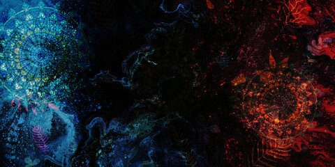 Mystical Mandala Background – Intricate Bohemian Art for Meditation, Tattoo, and Decor, colorful vintage art, ancient Indian vedic background design, old painting texture with  mathematical shapes