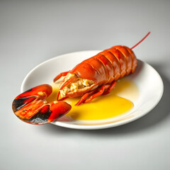 Steamed Lobster on Plate: A succulent steamed lobster, its shell a vibrant red, rests on a pristine white plate, glistening with its own juices.  The lobster is split open, revealing tender.