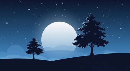 Naklejka premium Vector illustration of a serene night landscape with a full moon and trees