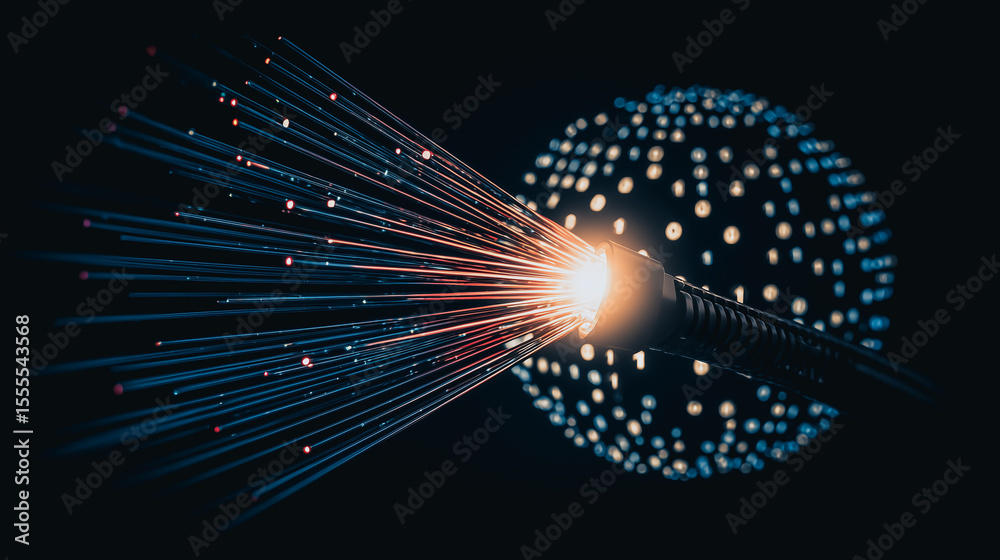 Poster digital data stream: abstract glowing sphere representing global network connectivity, with data str