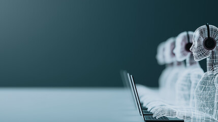 AI Customer Support Team: A row of AI robots with headsets diligently work on laptops, providing seamless customer support.  The image symbolizes technological advancement in customer service.
