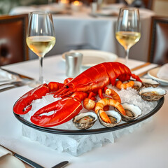 Luxury Seafood Feast: A stunning composition features a vibrant cooked lobster, delicate oysters, succulent shrimps, and chilled white wine glasses, all artfully arranged on a bed of ice.