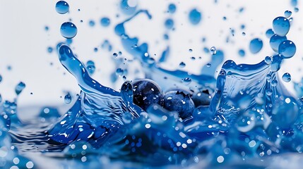 A vibrant splash of blueberry iced tea, the liquid forming beautiful shapes against a bright white surface.