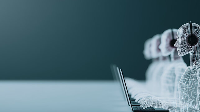 AI Customer Support Team: A row of AI robots with headsets diligently work on laptops, providing seamless customer support.  The image symbolizes technological advancement in customer service.