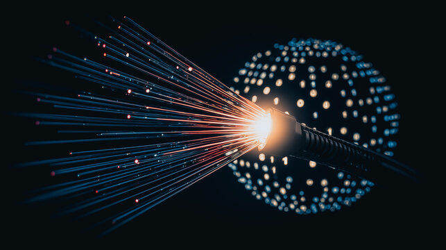 Digital Data Stream: Abstract glowing sphere representing global network connectivity, with data streams radiating outwards like fiber optics. - Powered by Adobe