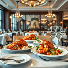 Fine Dining Elegance: A captivating photograph presents a beautifully set table in an upscale restaurant, adorned with delectable lobster dishes and elegant glassware.
