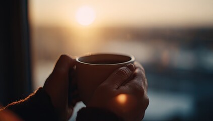 Warm hands hold a mug at sunset