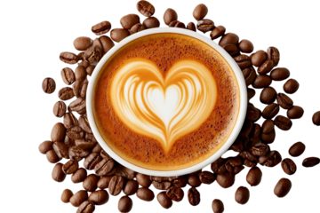 Creamy latte art with heart design in white cup surrounded by roasted coffee beans on dark background for coffee enthusiasts and barista inspiration
