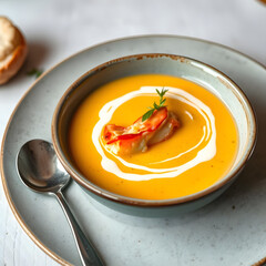 Gourmet Soup Delights: A beautifully composed shot presents a culinary masterpiece - a bowl of vibrant soup garnished with a delicate swirl and succulent protein.